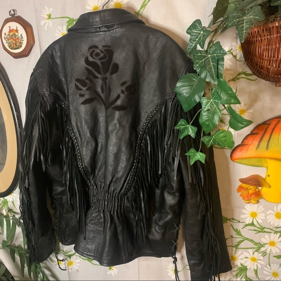 Vintage 80s black leather fringe biker jacket rose patchwork braided accents - Picture 10 of 11